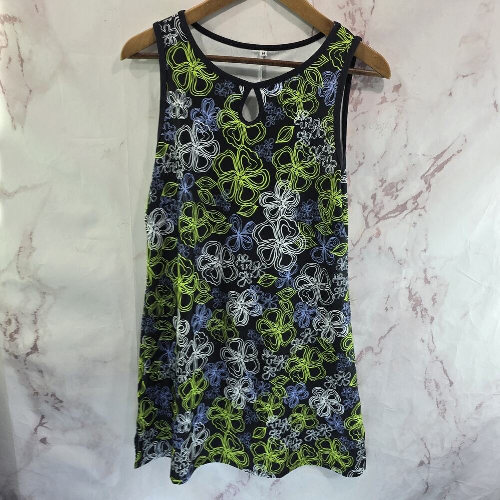Nuu Muu Dress Womens Medium Black Tank Mini Neon Green Floral Doodle Keyhole